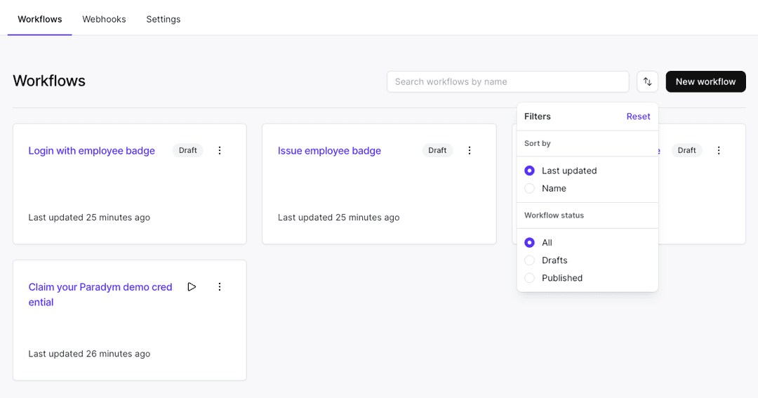An image displaying how workflows can be filtered in the workflow overview.