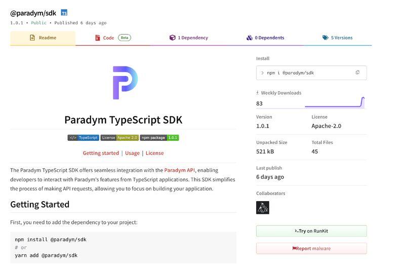 Paradym TypeScript SDK npm page