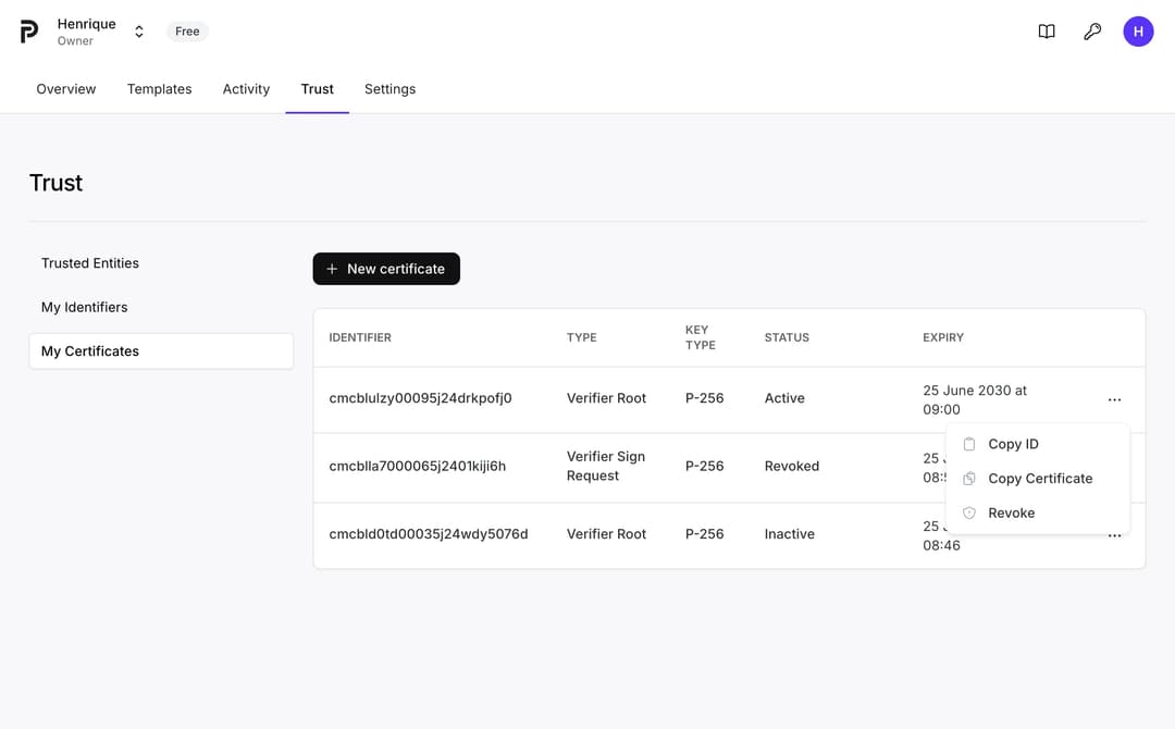 An image showing the new certifiates page in the dashboard.