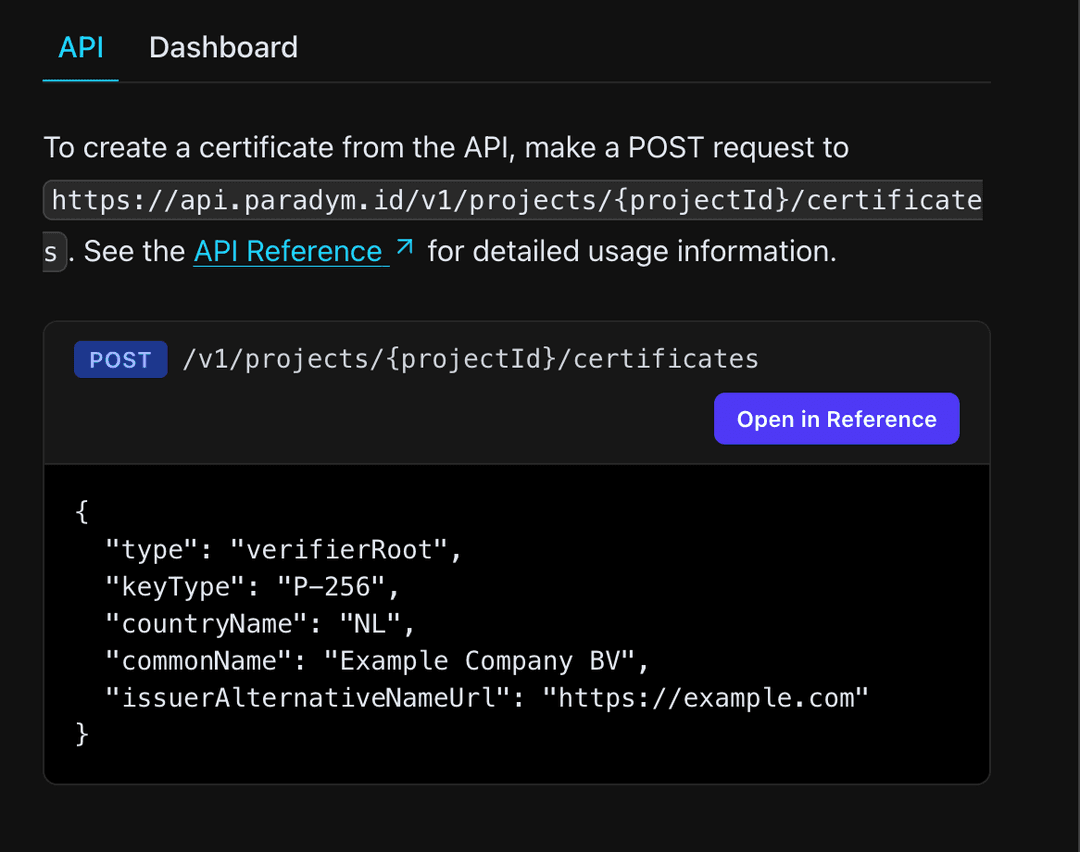 A documentation code block showing the new "Open in Reference" button next to an example certificate payload.