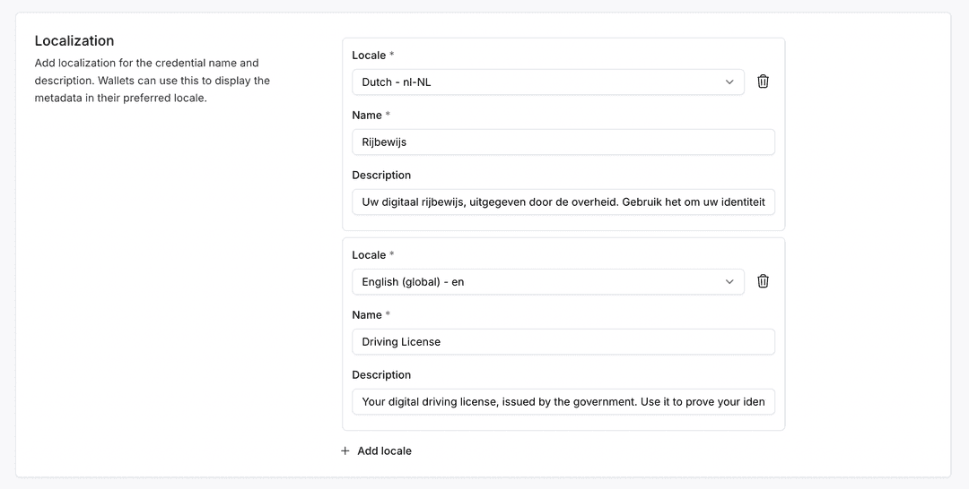 Localization interface showing credential name and description in multiple languages