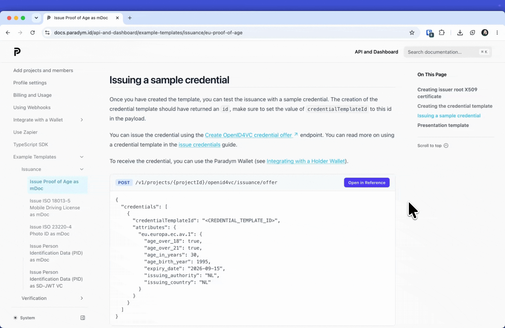 A GIF showing an example Age Verification payload opening directly in the API Reference.