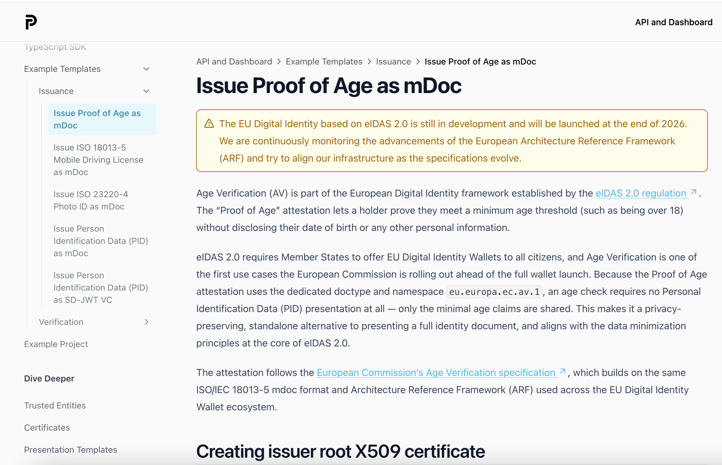The ready-to-use Proof of Age as mDoc example template in the Paradym documentation.