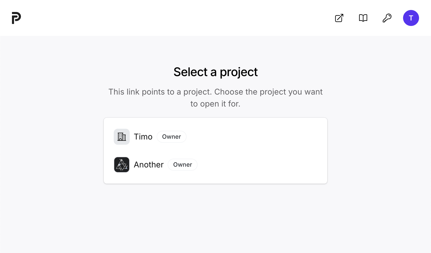 The project selector shown when opening a dashboard link from the documentation.