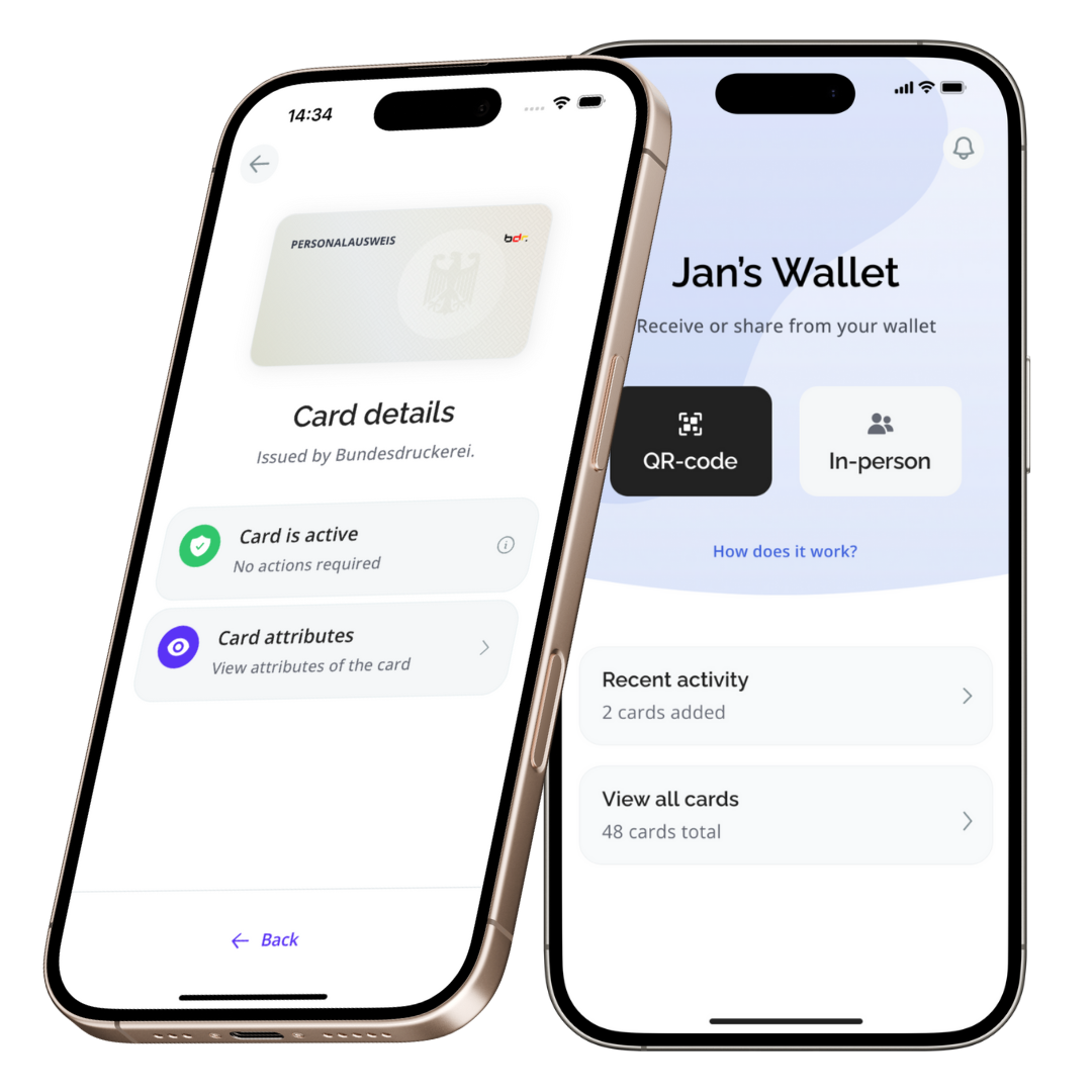 The Paradym EUDI wallet home screen and card detail screen